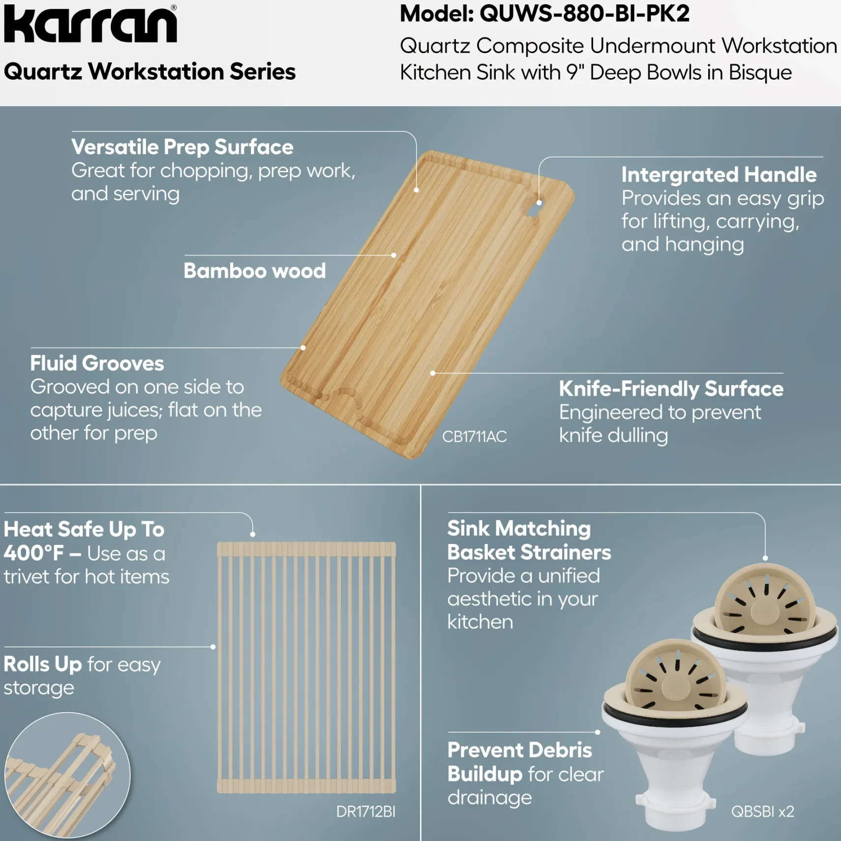 Karran 32" Undermount Quartz Composite Workstation Kitchen Sink, 50/50 Double Bowl, Bisque, QUWS-880-BI-PK2