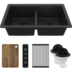 Karran 32" Undermount Quartz Composite Workstation Kitchen Sink, 50/50 Double Bowl, Black, QUWS-880-BL-PK2