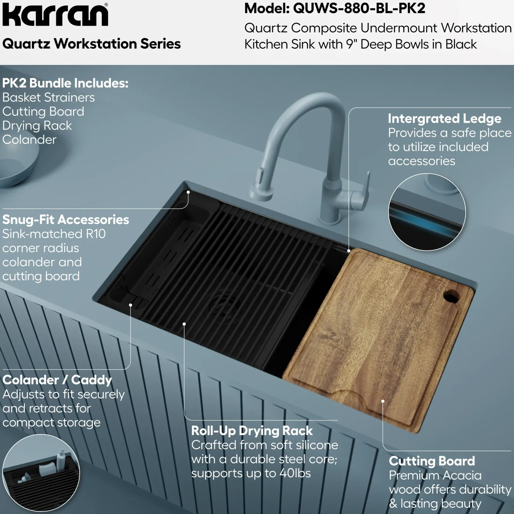 Karran 32" Undermount Quartz Composite Workstation Kitchen Sink, 50/50 Double Bowl, Black, QUWS-880-BL-PK2