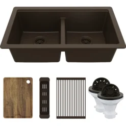 Karran 32" Undermount Quartz Composite Workstation Kitchen Sink, 50/50 Double Bowl, Brown, QUWS-880-BR-PK2