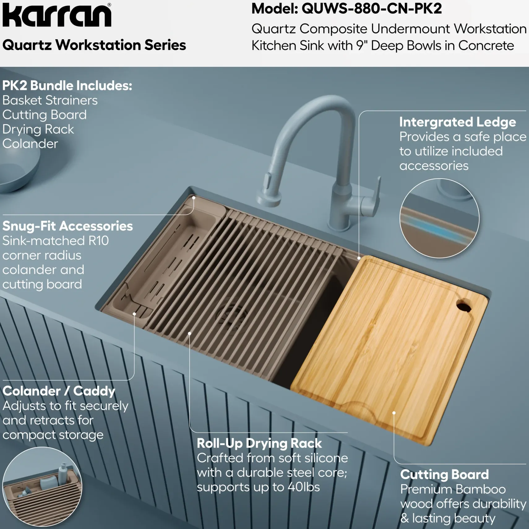 Karran 32" Undermount Quartz Composite Workstation Kitchen Sink, 50/50 Double Bowl, Concrete, QUWS-880-CN-PK2