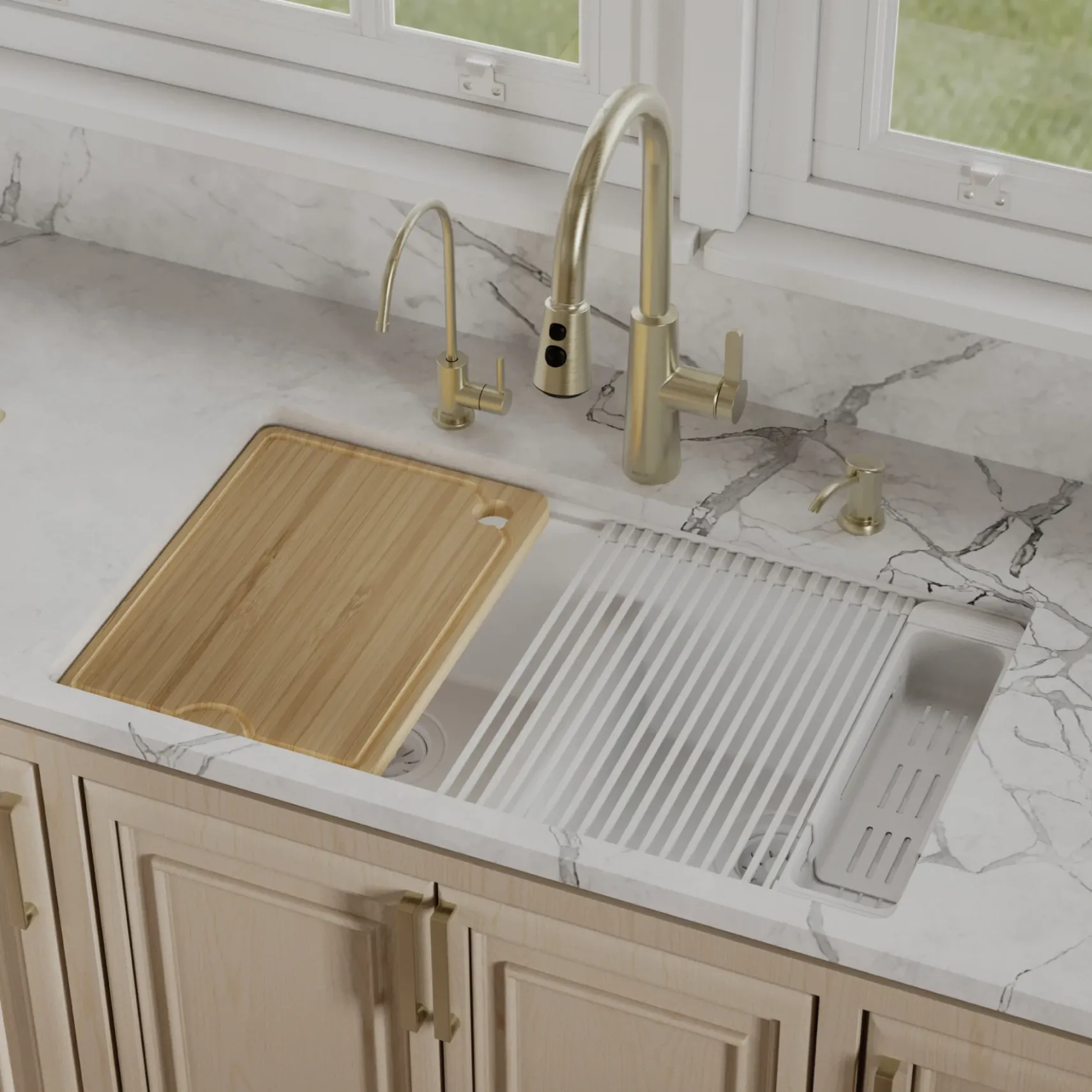 Karran 32" Undermount Quartz Composite Workstation Kitchen Sink, 50/50 Double Bowl, White, QUWS-880-WH-PK2