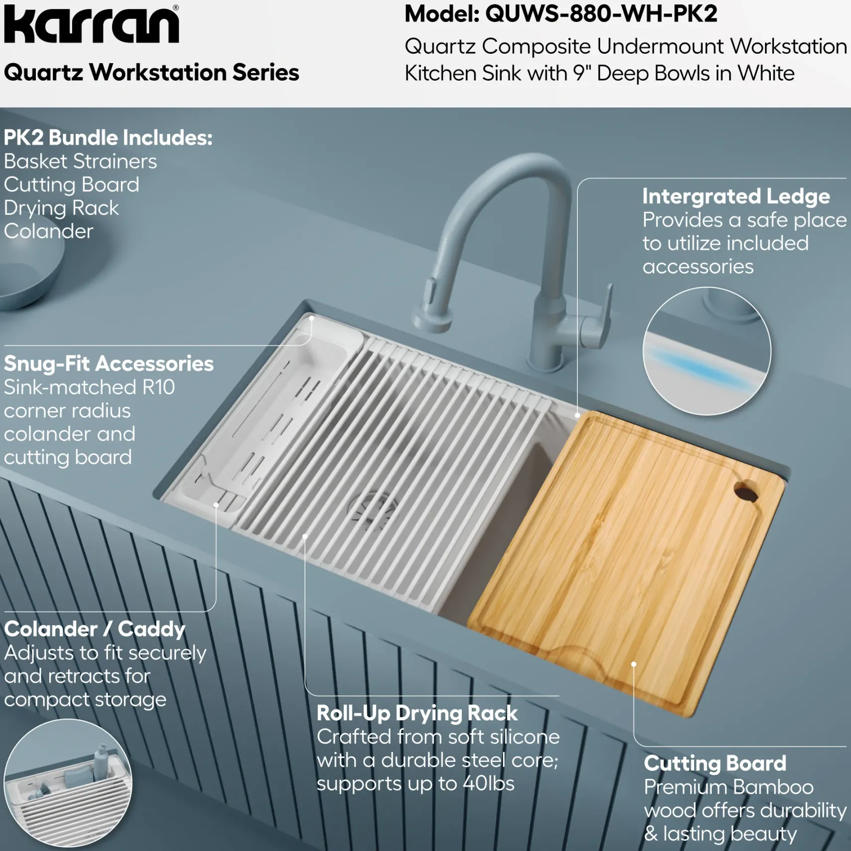 Karran 32" Undermount Quartz Composite Workstation Kitchen Sink, 50/50 Double Bowl, White, QUWS-880-WH-PK2