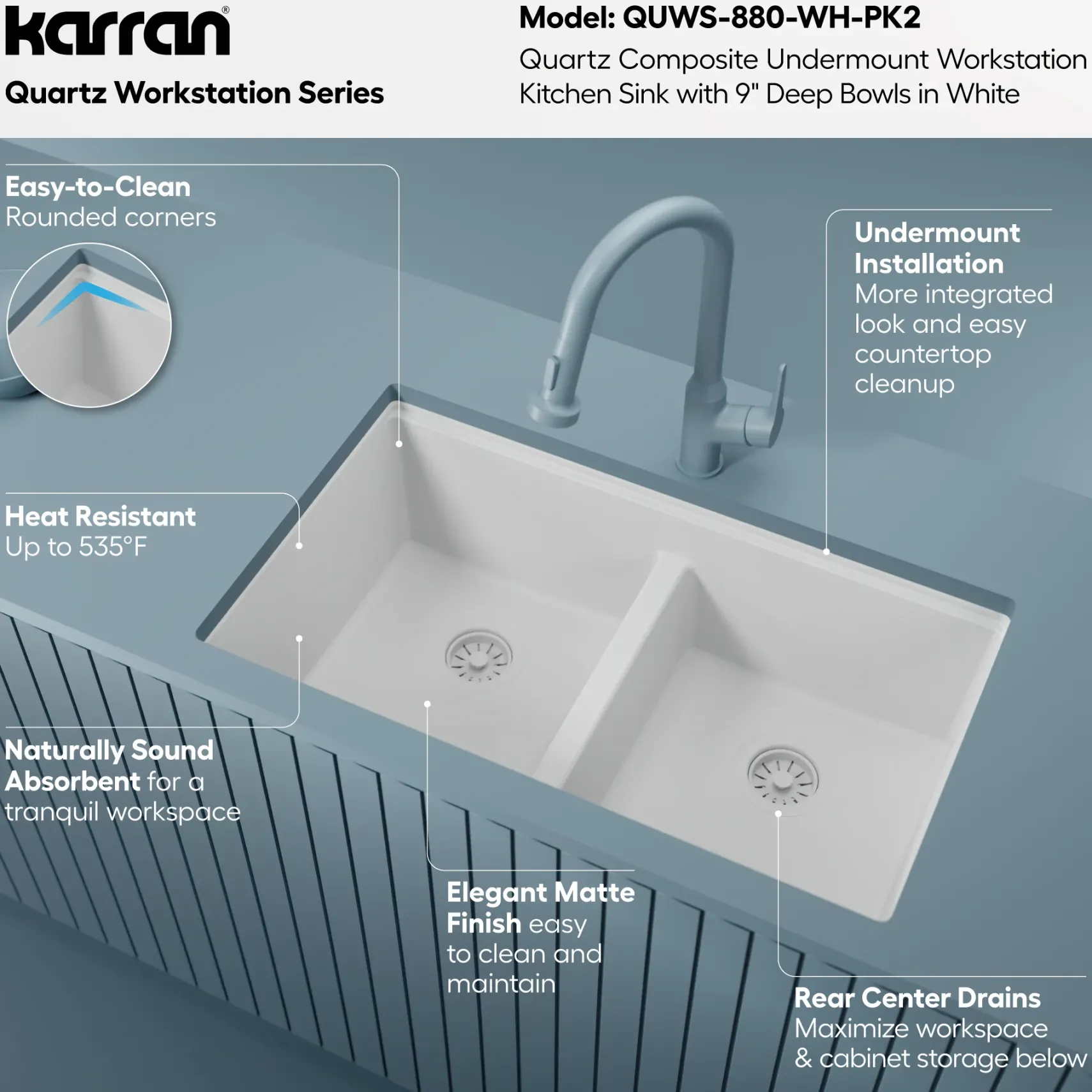 Karran 32" Undermount Quartz Composite Workstation Kitchen Sink, 50/50 Double Bowl, White, QUWS-880-WH-PK2