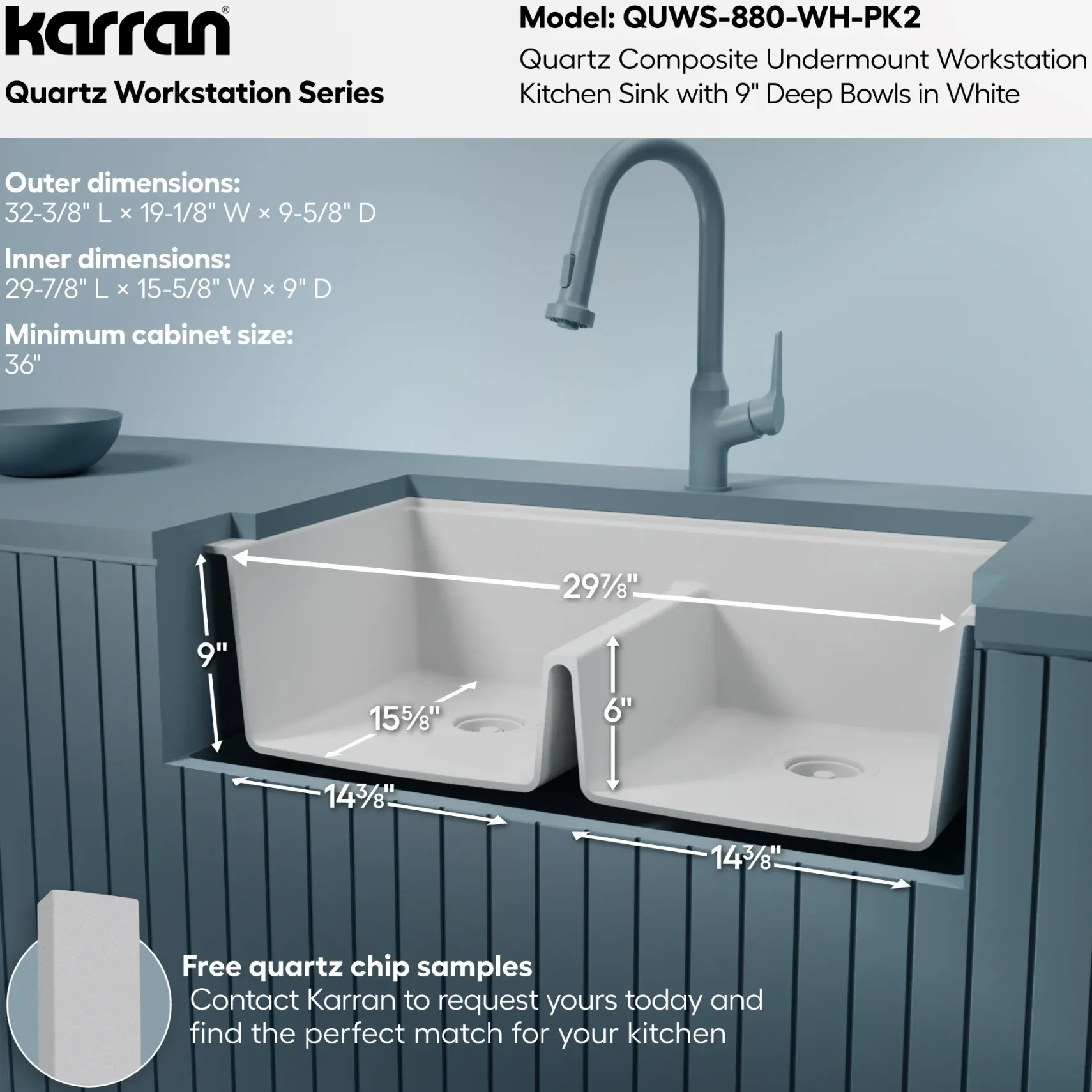Karran 32" Undermount Quartz Composite Workstation Kitchen Sink, 50/50 Double Bowl, White, QUWS-880-WH-PK2
