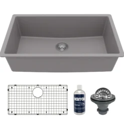 Karran 32" Undermount Quartz Composite Kitchen Sink with Accessories, Grey, QU-812-GR-PK1