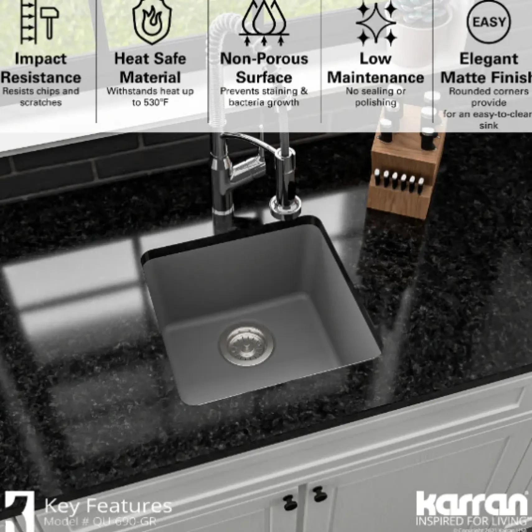 Karran 17" Undermount Quartz Composite Kitchen Sink, Grey, QU-690-GR