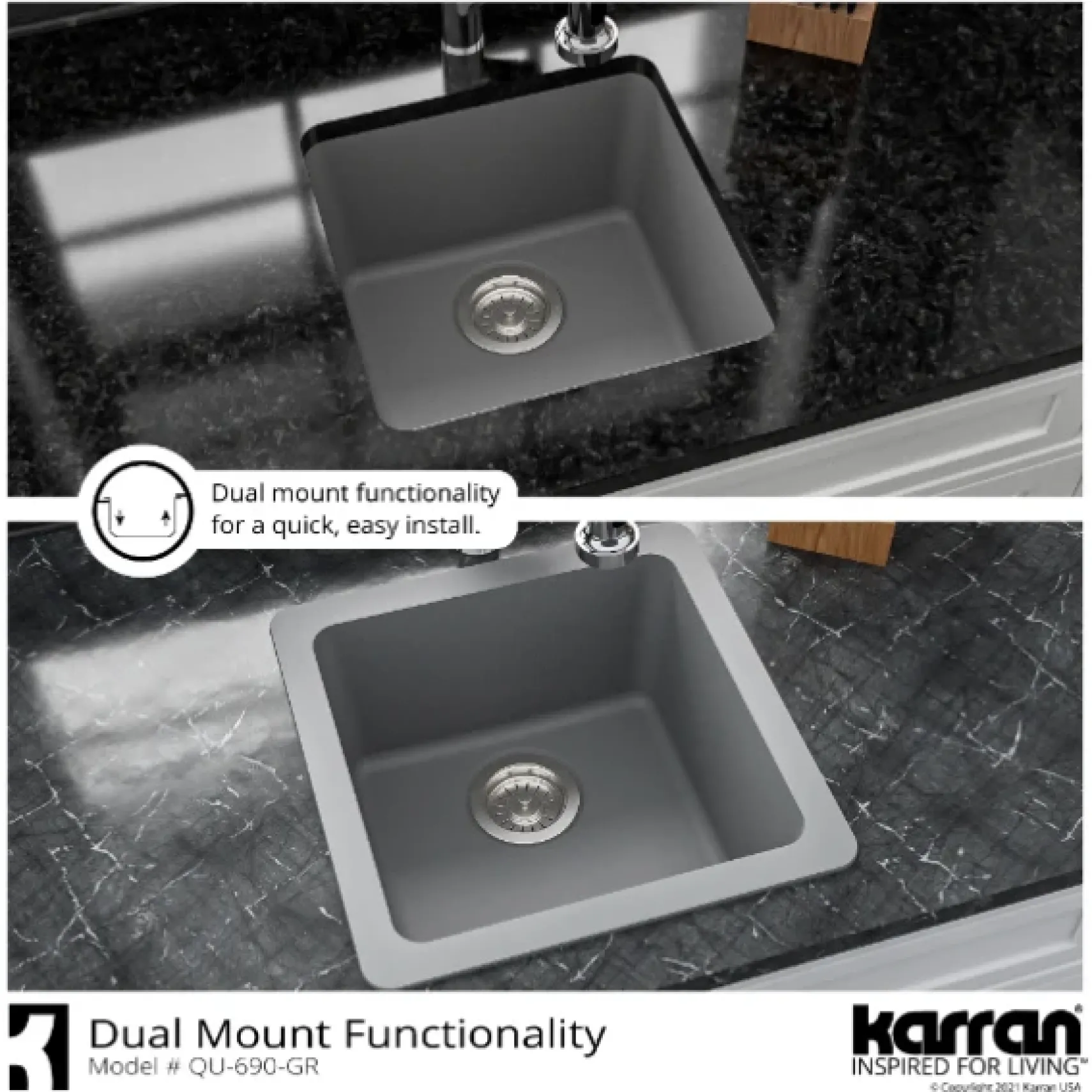 Karran 17" Undermount Quartz Composite Kitchen Sink, Grey, QU-690-GR