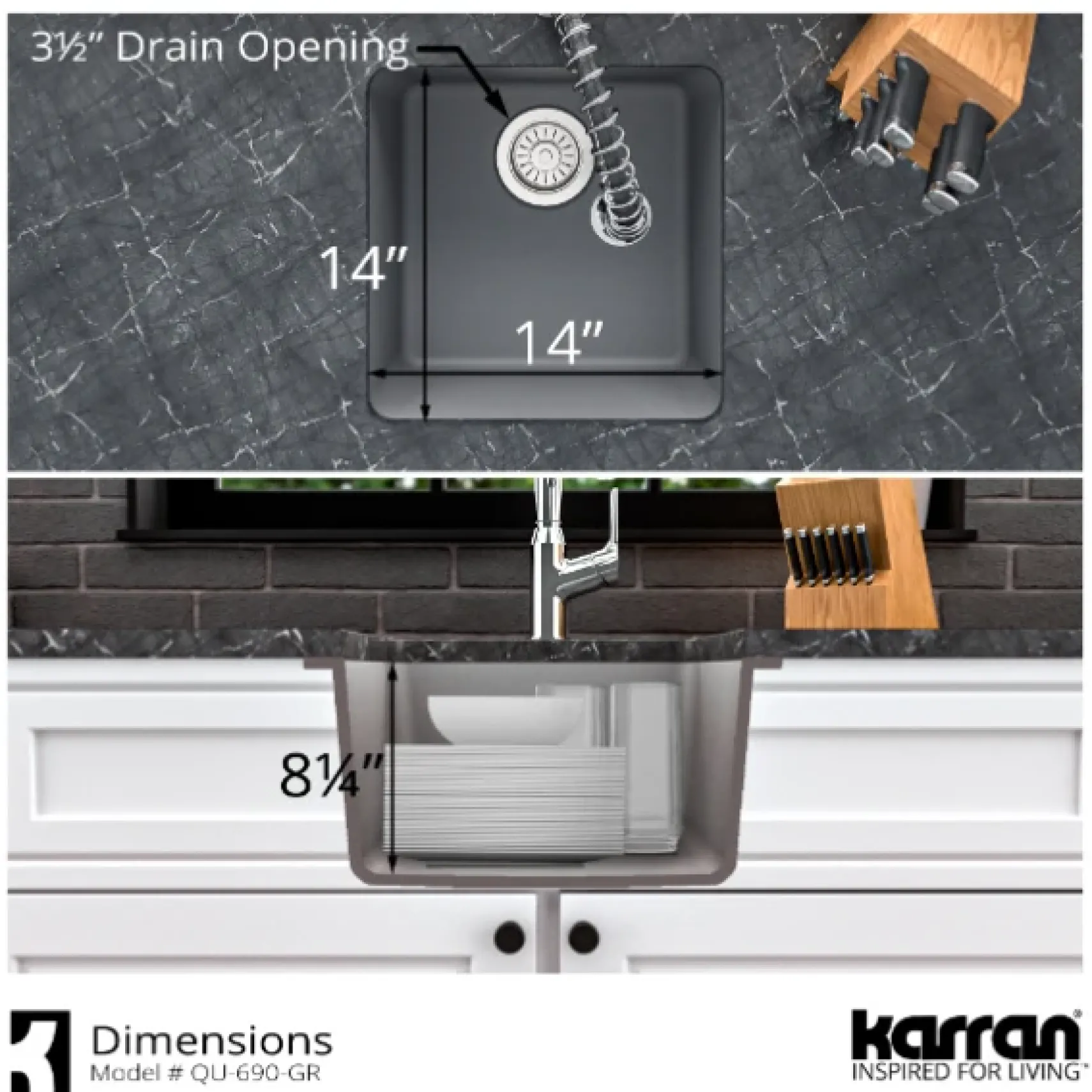 Karran 17" Undermount Quartz Composite Kitchen Sink, Grey, QU-690-GR