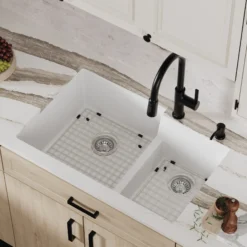 Karran 32" Undermount Quartz Composite Kitchen Sink with Accessories, 60/40 Double Bowl, White, QU-811-WH-PK1