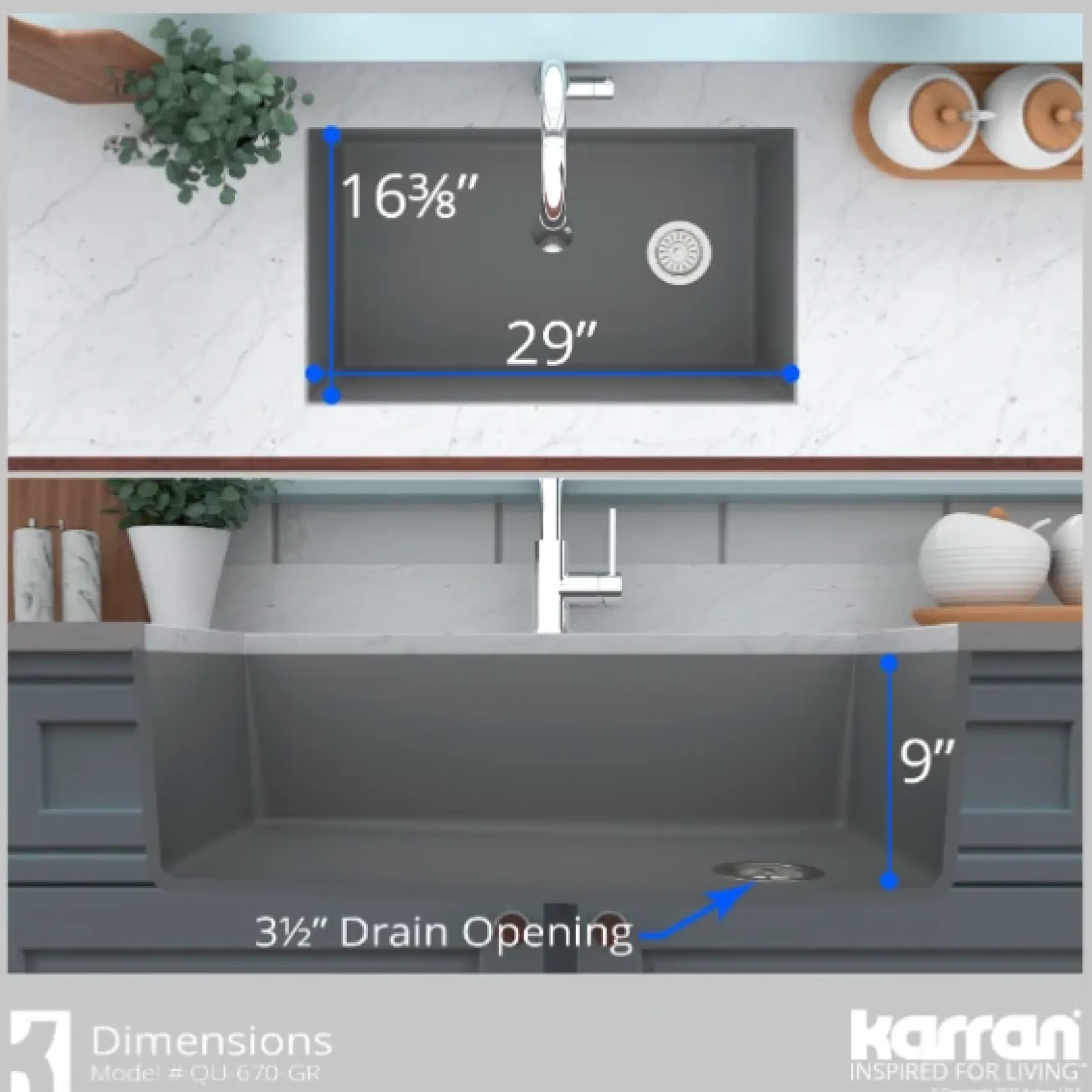 Karran 32" Undermount Quartz Composite Kitchen Sink, Grey, QU-670-GR