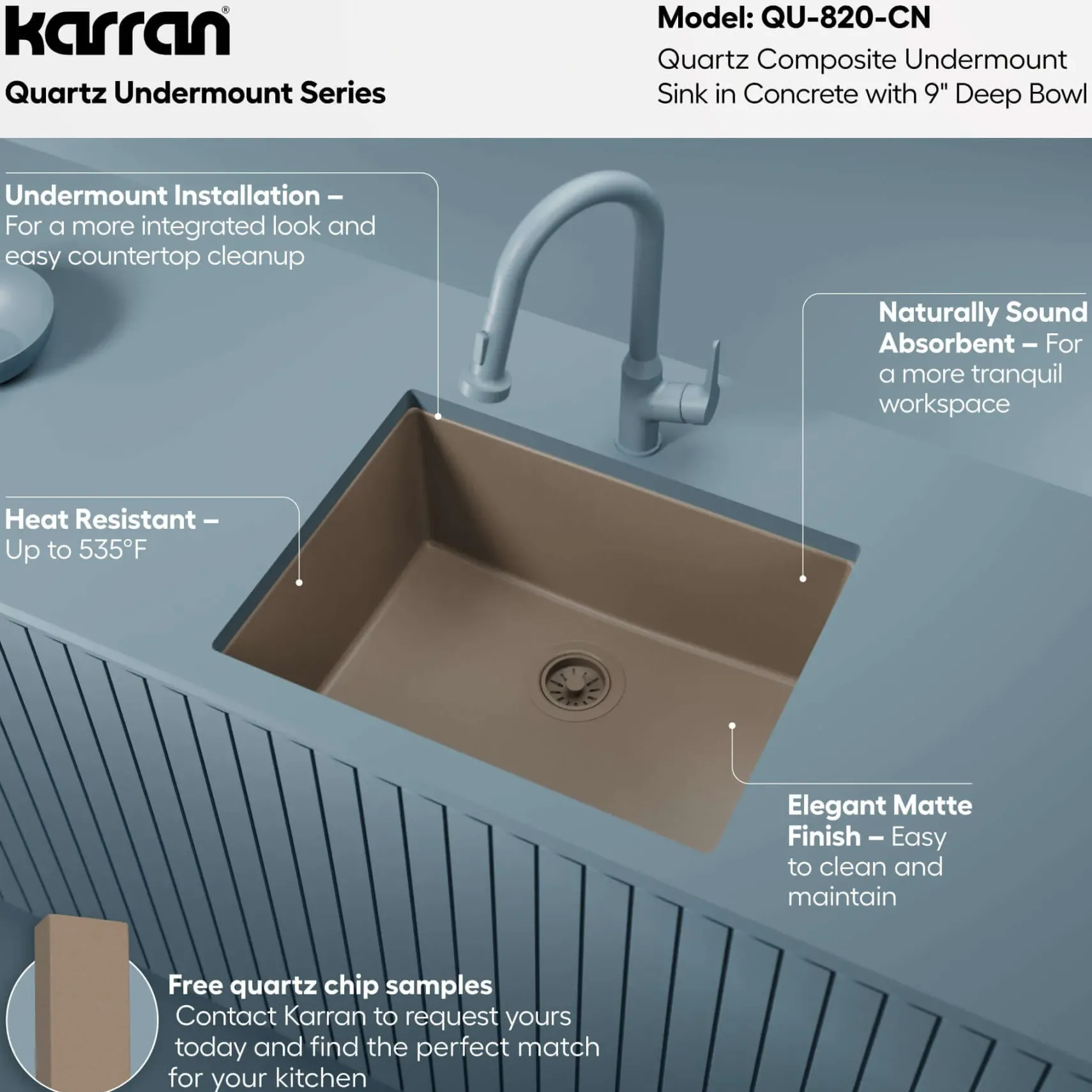 Karran 24" Undermount Quartz Composite Kitchen Sink, Concrete, QU-820-CN