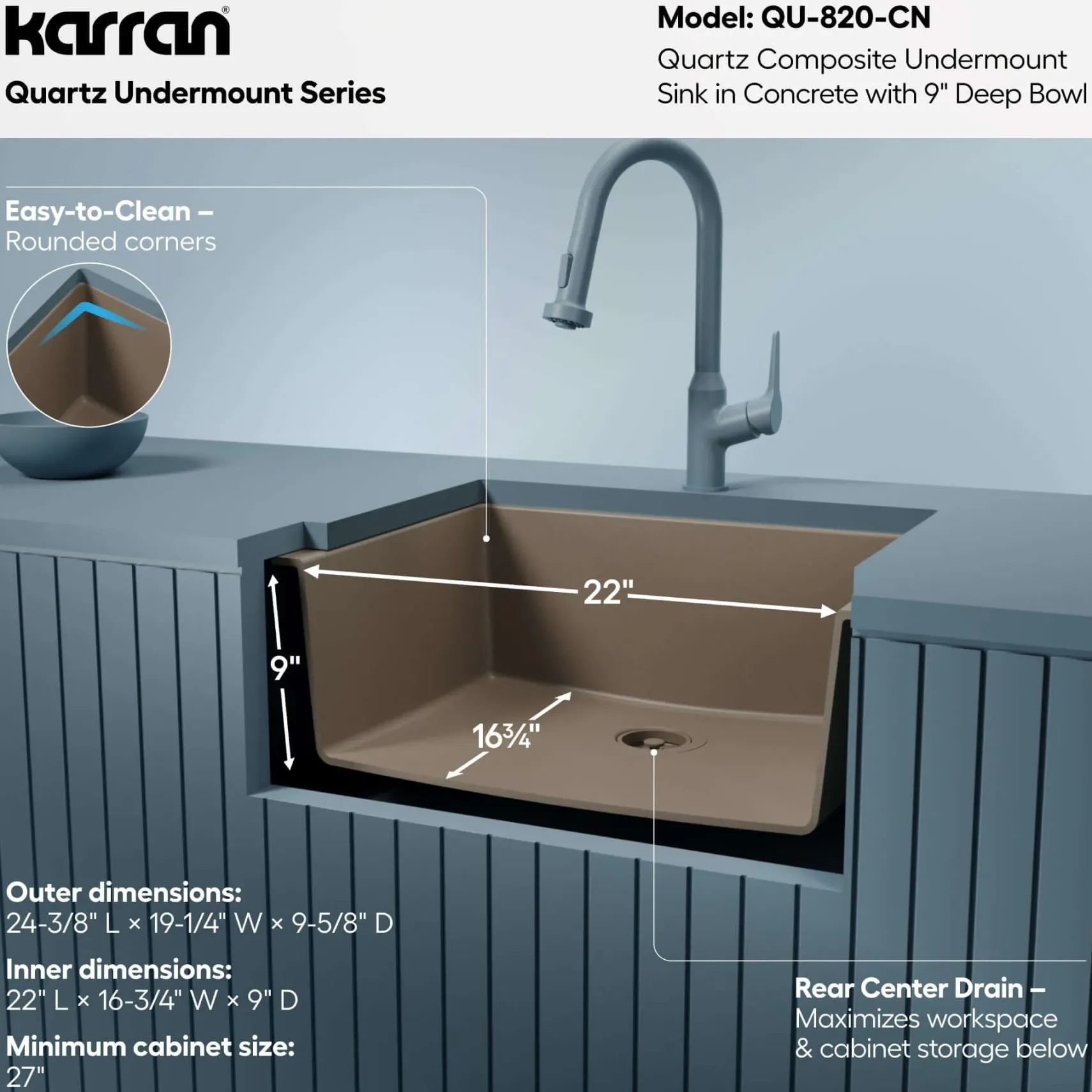 Karran 24" Undermount Quartz Composite Kitchen Sink, Concrete, QU-820-CN