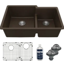 Karran 32" Undermount Quartz Composite Kitchen Sink with Accessories, 60/40 Double Bowl, Brown, QU-811-BR-PK1