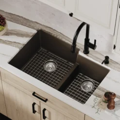 Karran 32" Undermount Quartz Composite Kitchen Sink with Accessories, 60/40 Double Bowl, Brown, QU-811-BR-PK1