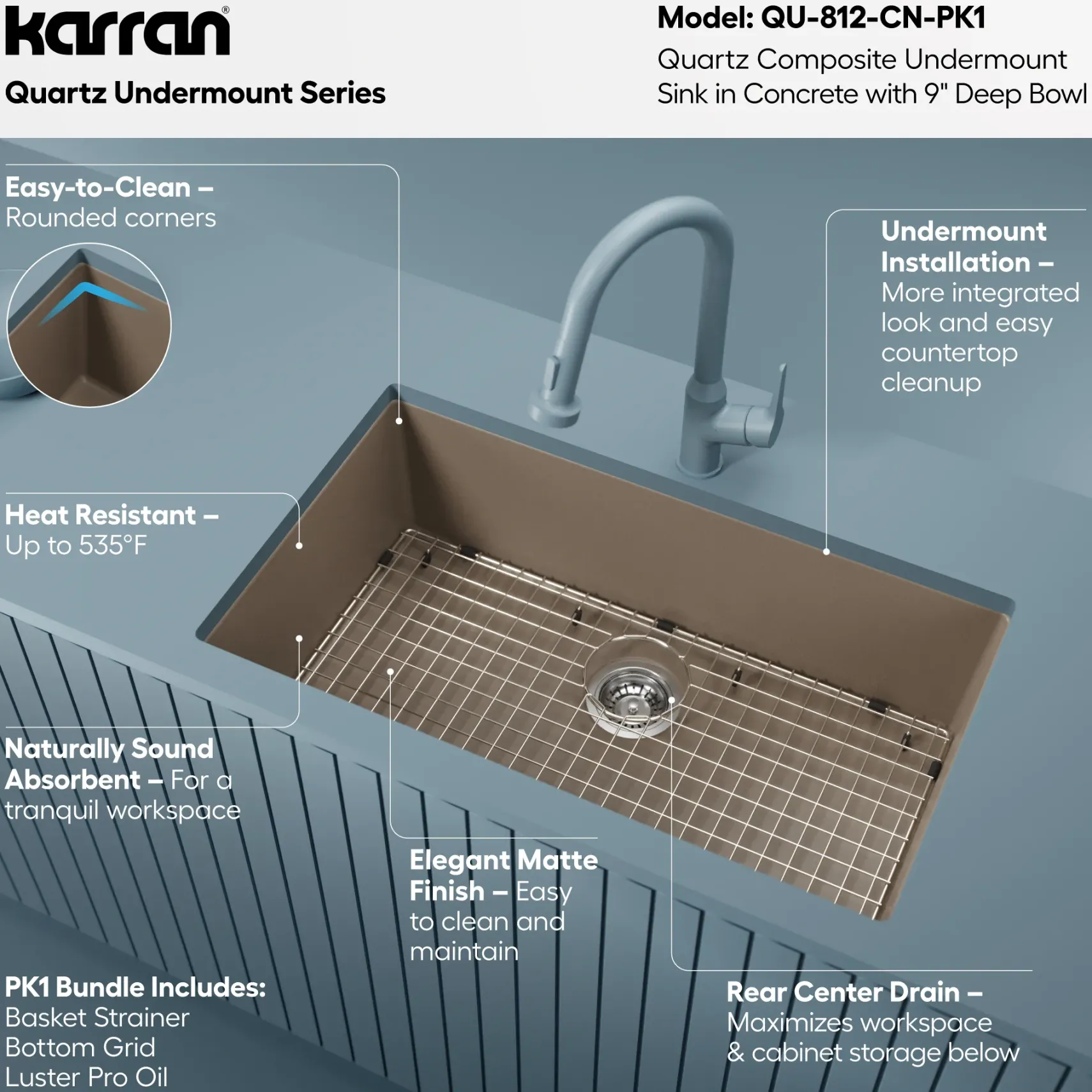 Karran 32" Undermount Quartz Composite Kitchen Sink with Accessories, Concrete, QU-812-CN-PK1