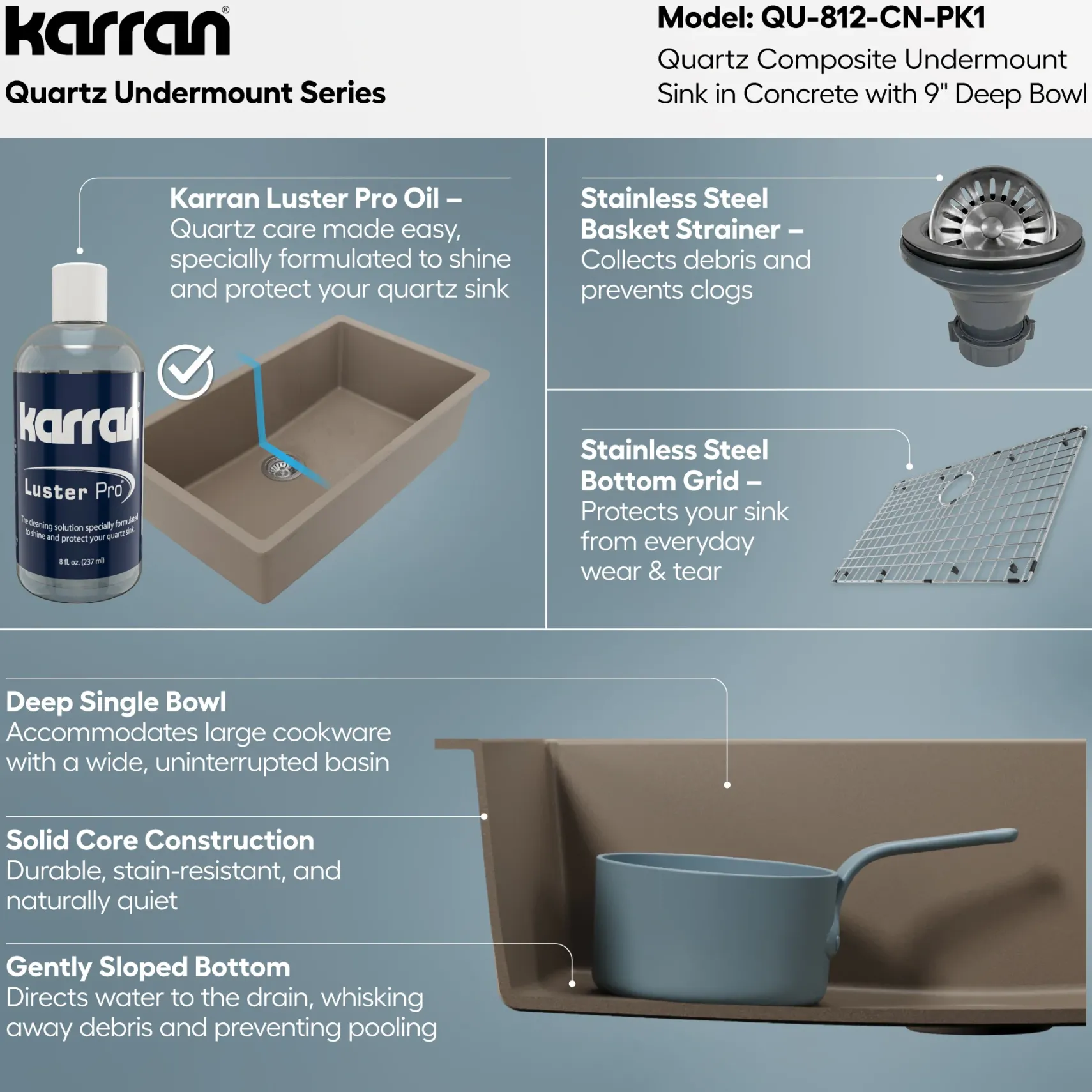 Karran 32" Undermount Quartz Composite Kitchen Sink with Accessories, Concrete, QU-812-CN-PK1
