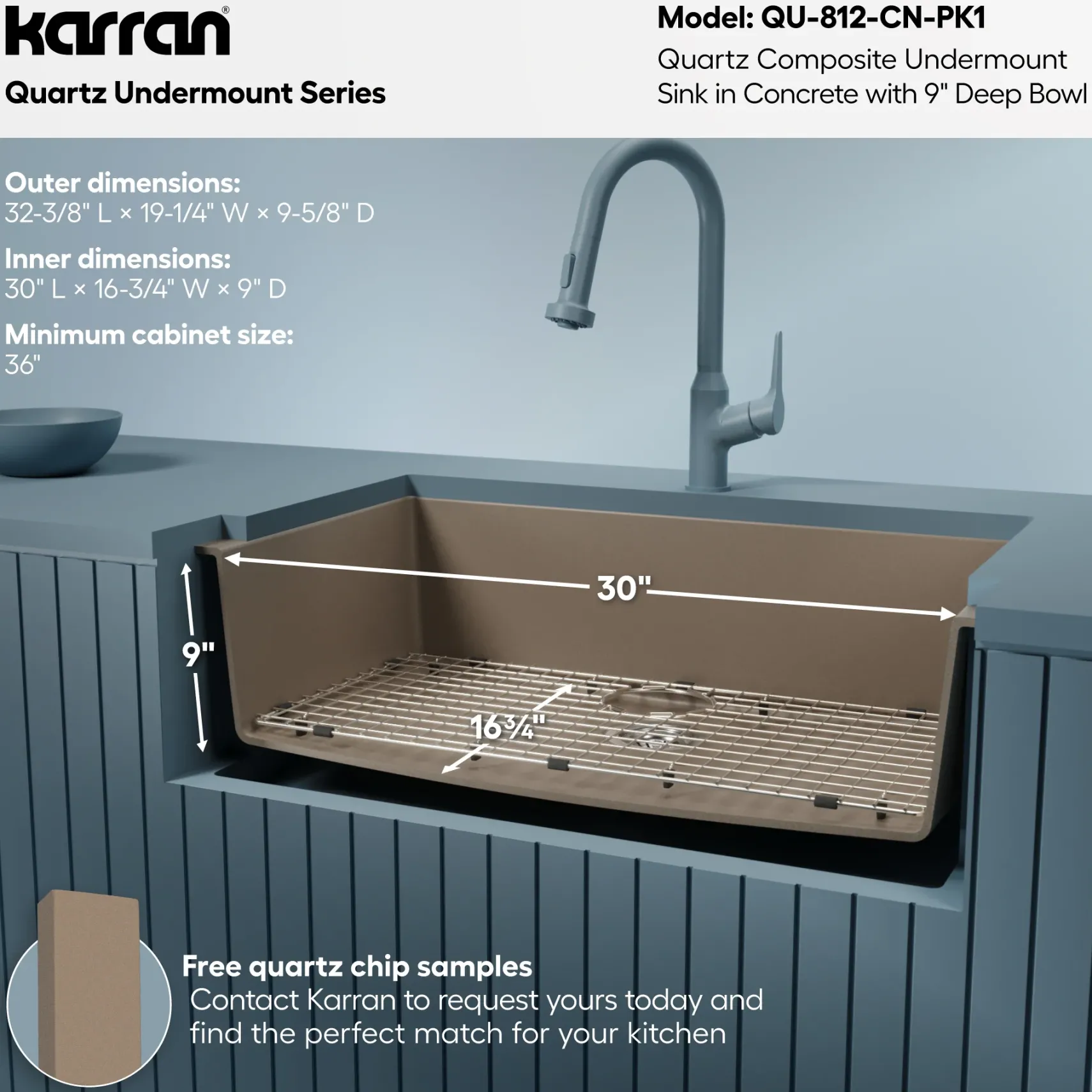 Karran 32" Undermount Quartz Composite Kitchen Sink with Accessories, Concrete, QU-812-CN-PK1