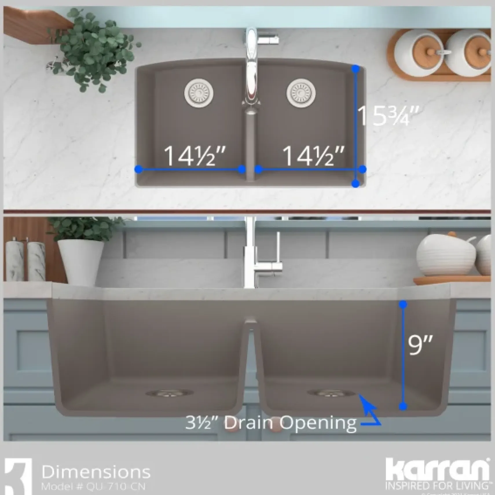 Karran 33" Undermount Quartz Composite Kitchen Sink, 50/50 Double Bowl, Concrete, QU-710-CN