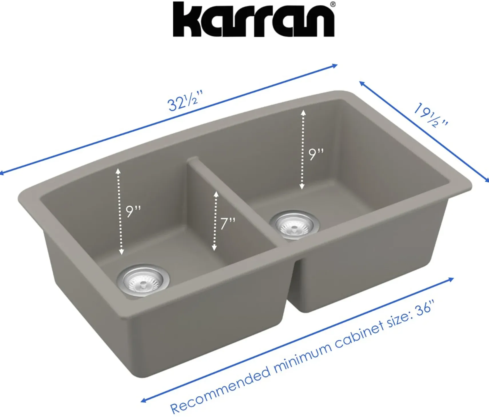 Karran 33" Undermount Quartz Composite Kitchen Sink, 50/50 Double Bowl, Concrete, QU-710-CN