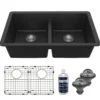 Karran 32" Undermount Quartz Composite Kitchen Sink with Accessories, 50/50 Double Bowl, Black, QU-810-BL-PK1
