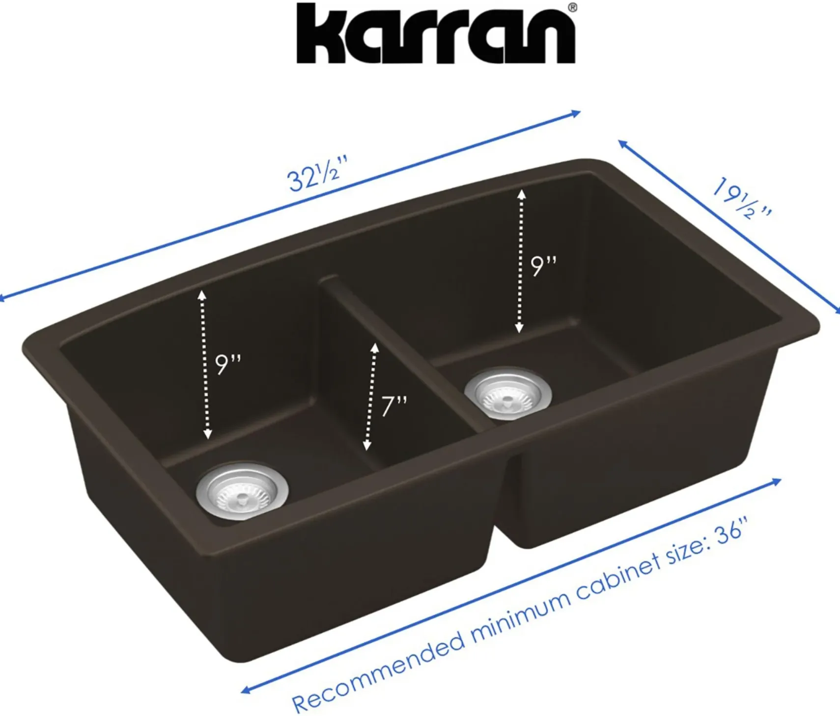 Karran 33" Undermount Quartz Composite Kitchen Sink, 50/50 Double Bowl, Brown, QU-710-BR-PK1