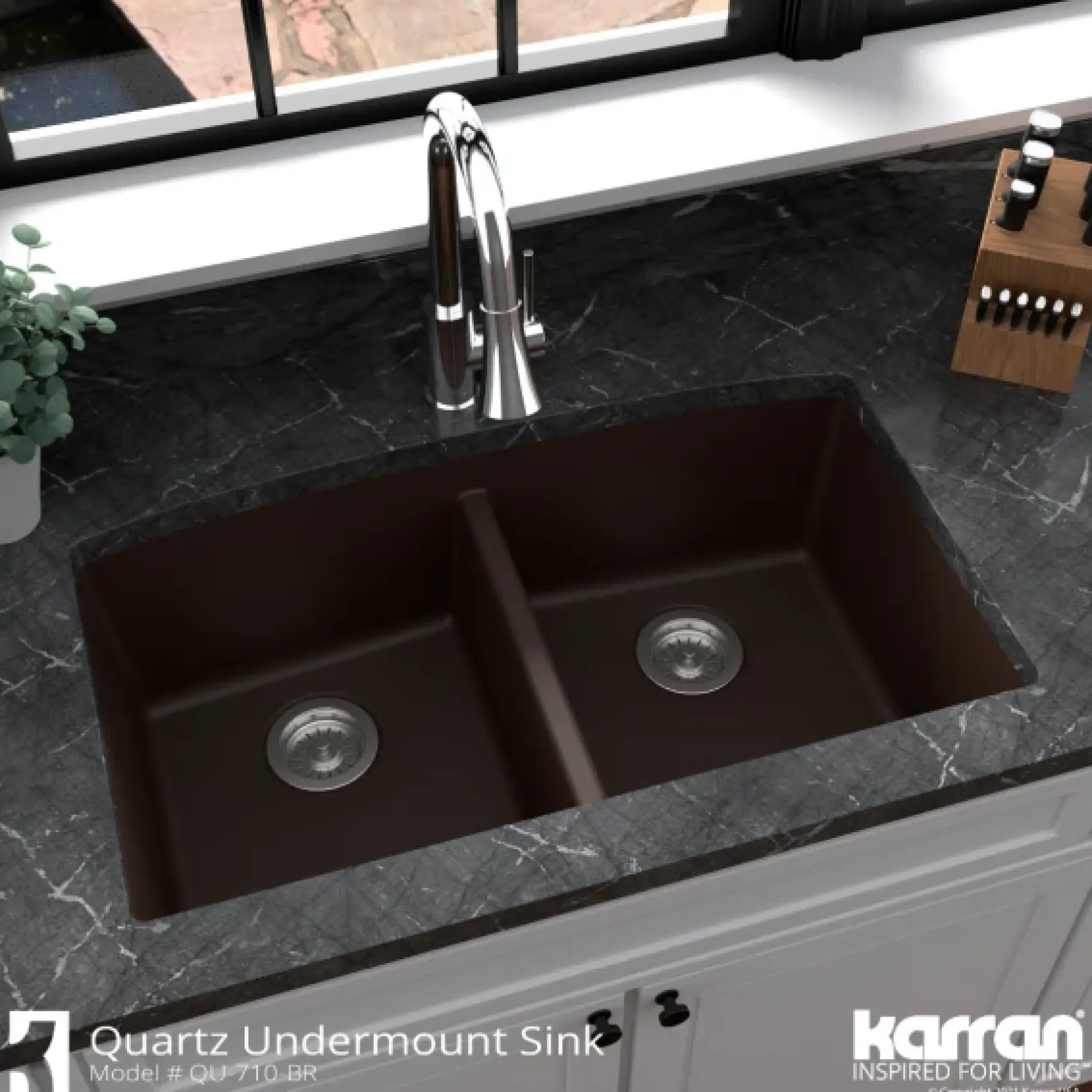 Karran 33" Undermount Quartz Composite Kitchen Sink, 50/50 Double Bowl, Brown, QU-710-BR-PK1
