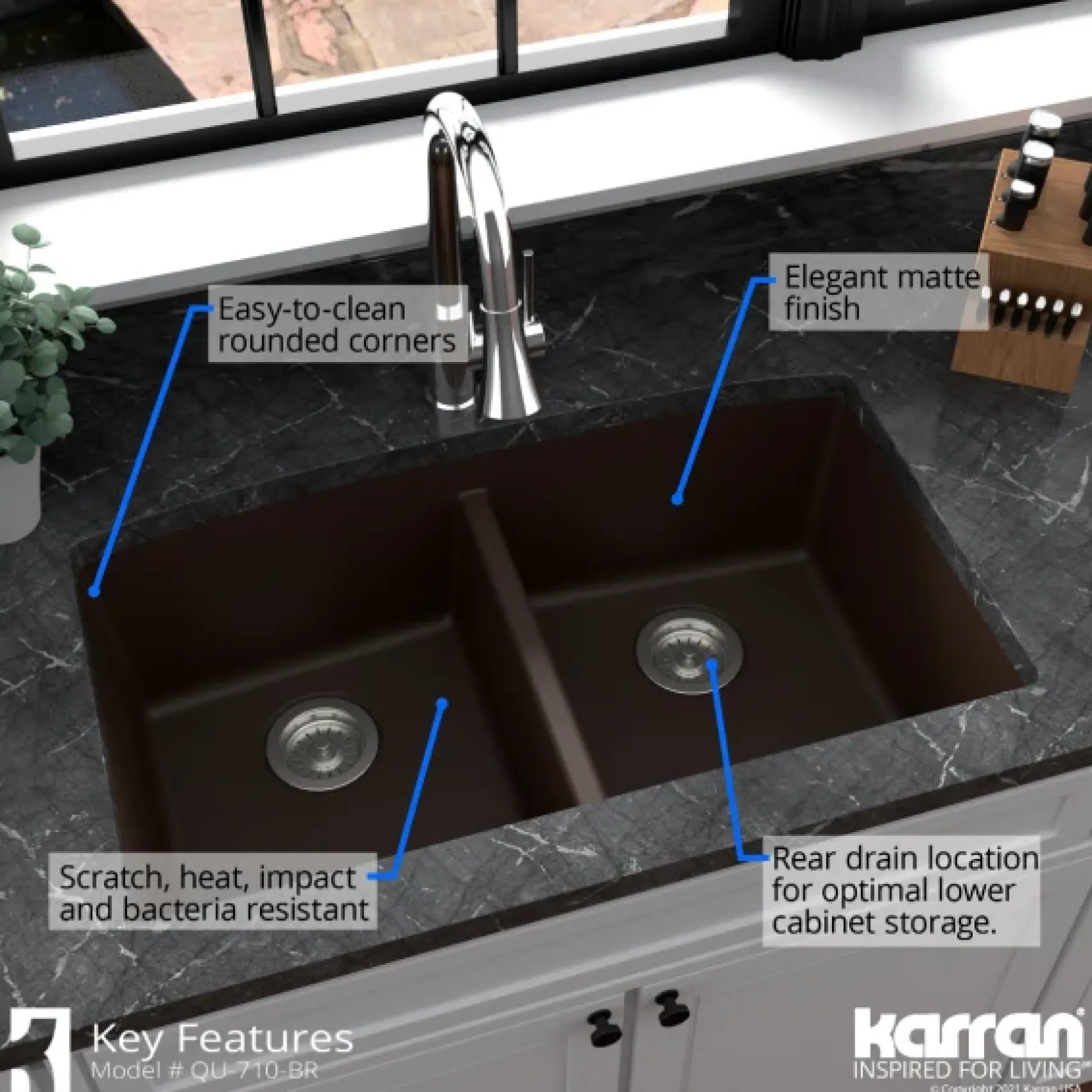 Karran 33" Undermount Quartz Composite Kitchen Sink, 50/50 Double Bowl, Brown, QU-710-BR-PK1