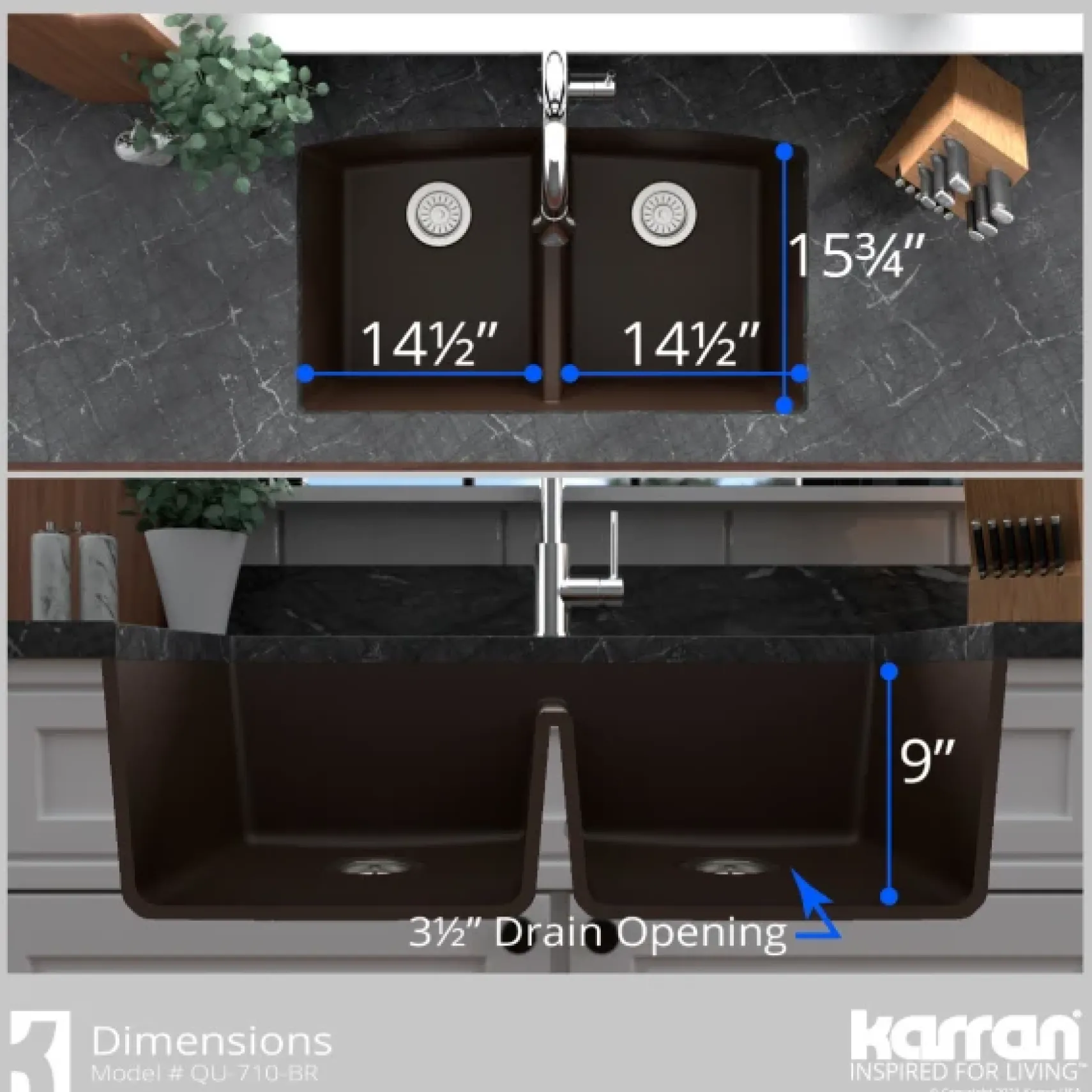 Karran 33" Undermount Quartz Composite Kitchen Sink, 50/50 Double Bowl, Brown, QU-710-BR-PK1