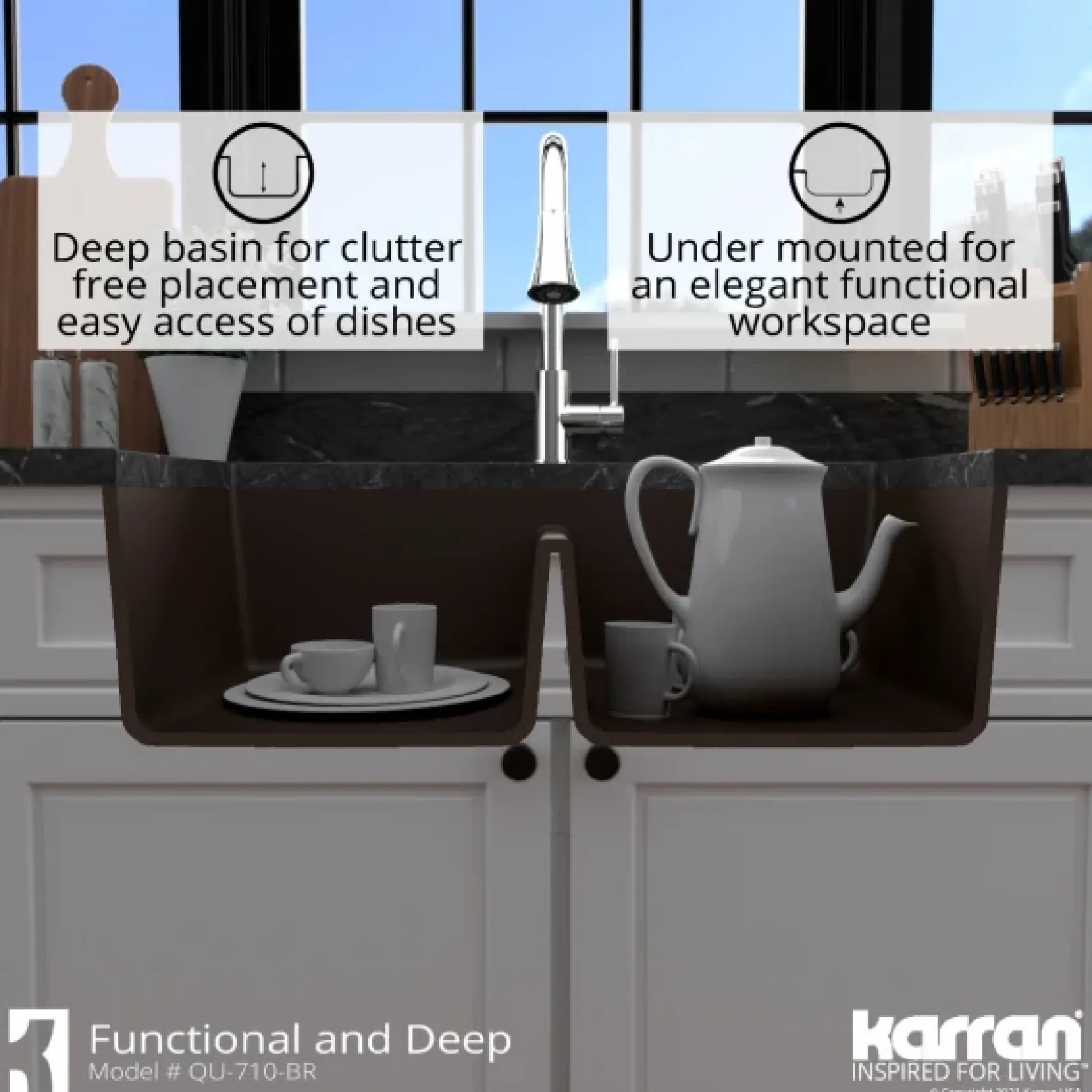 Karran 33" Undermount Quartz Composite Kitchen Sink, 50/50 Double Bowl, Brown, QU-710-BR-PK1