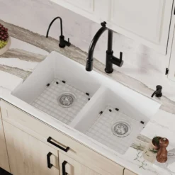 Karran 32" Undermount Quartz Composite Kitchen Sink with Accessories, 50/50 Double Bowl, White, QU-810-WH-PK1