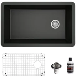 Karran 32" Undermount Quartz Composite Kitchen Sink, Black, QU-670-BL-PK1