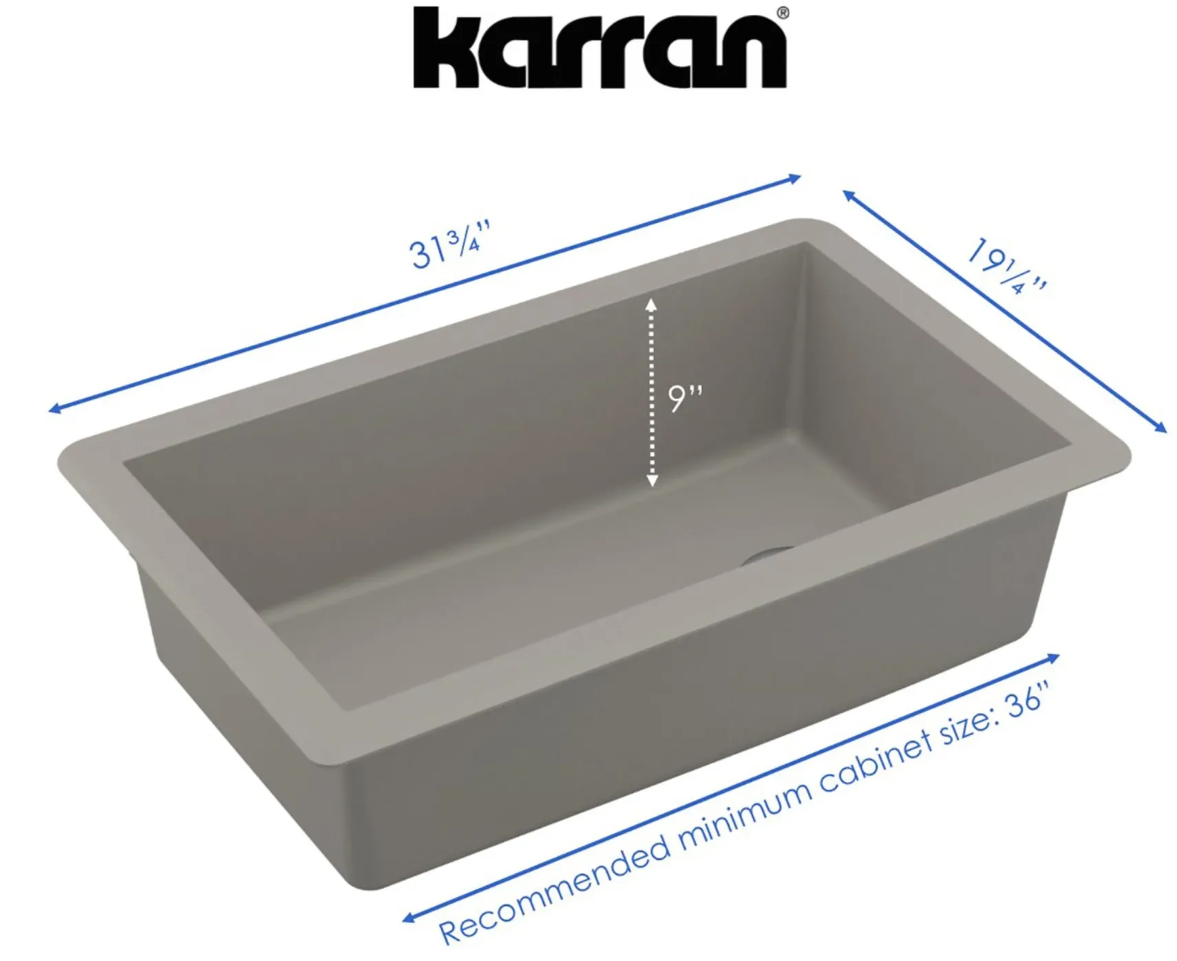 Karran 32" Undermount Quartz Composite Kitchen Sink, Concrete, QU-670-CN-PK1