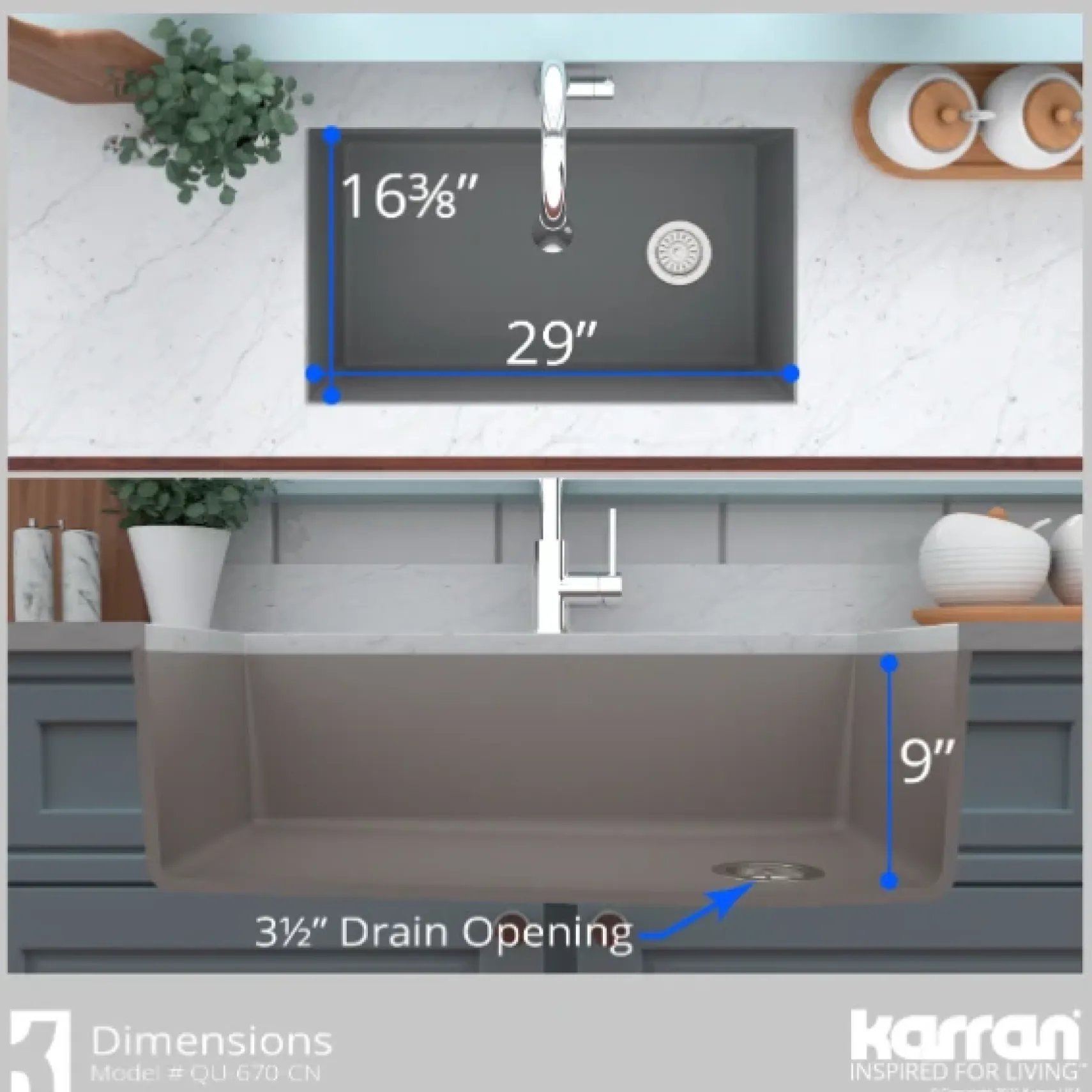 Karran 32" Undermount Quartz Composite Kitchen Sink, Concrete, QU-670-CN-PK1
