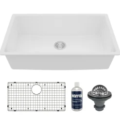 Karran 32" Undermount Quartz Composite Kitchen Sink with Accessories, White, QU-812-WH-PK1