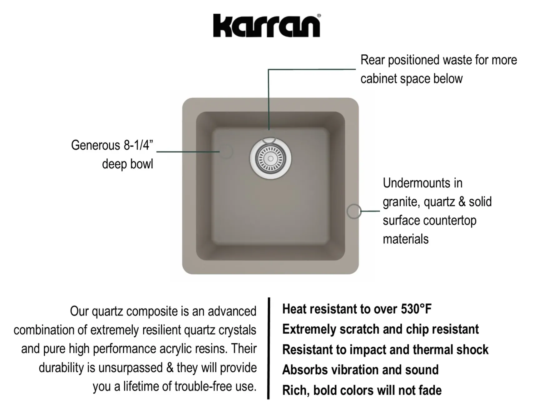 Karran 17" Undermount Quartz Composite Kitchen Sink, Concrete, QU-690-CN