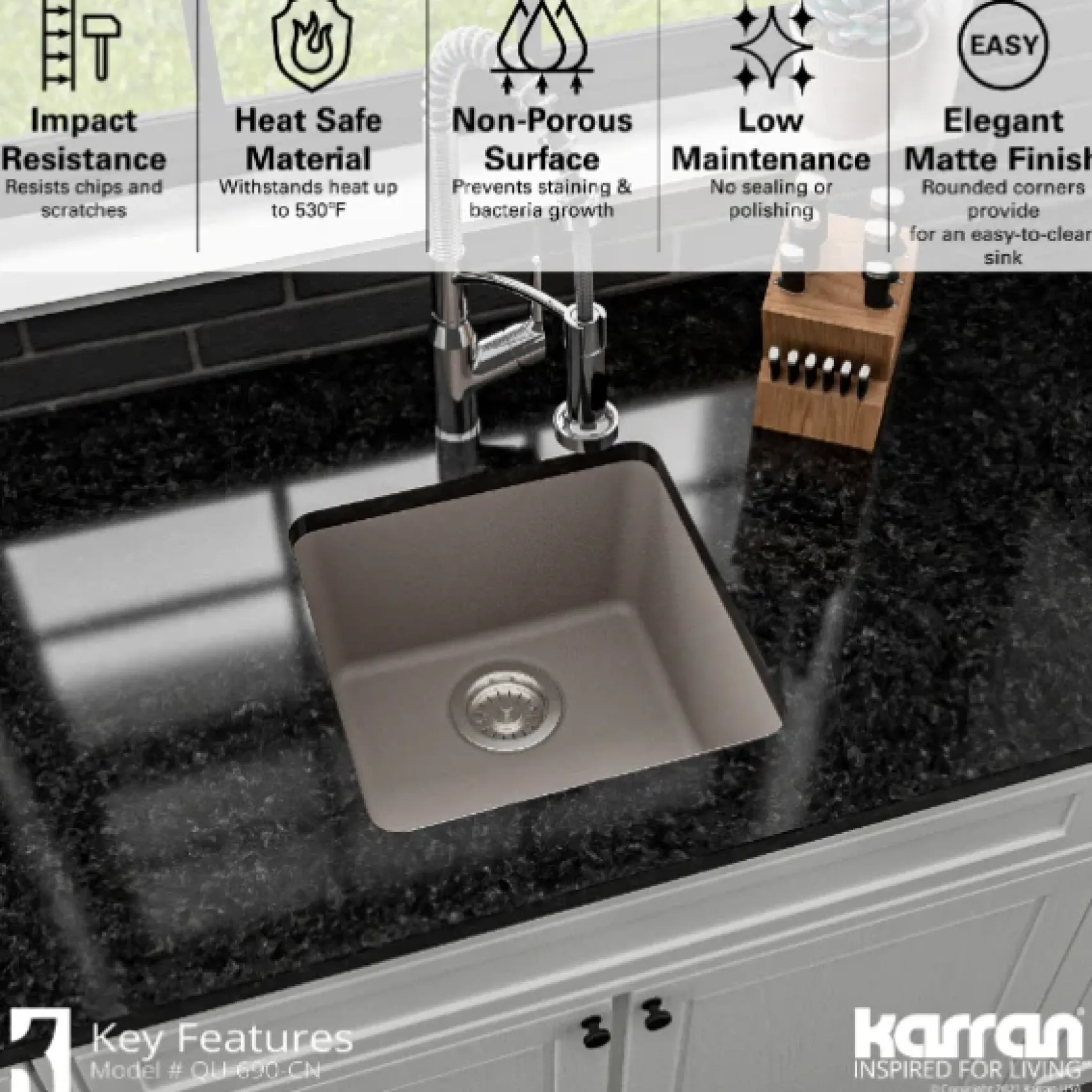 Karran 17" Undermount Quartz Composite Kitchen Sink, Concrete, QU-690-CN