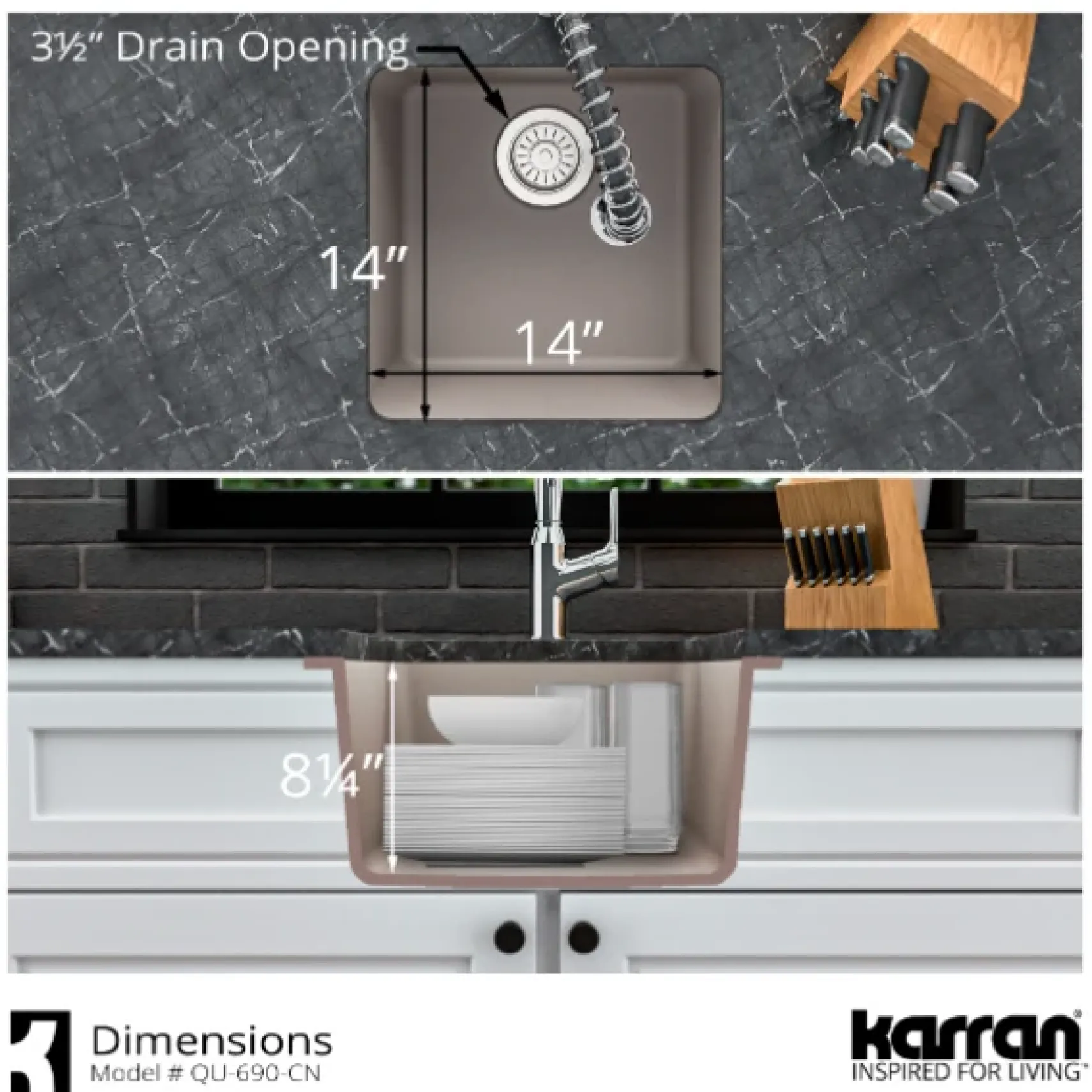Karran 17" Undermount Quartz Composite Kitchen Sink, Concrete, QU-690-CN