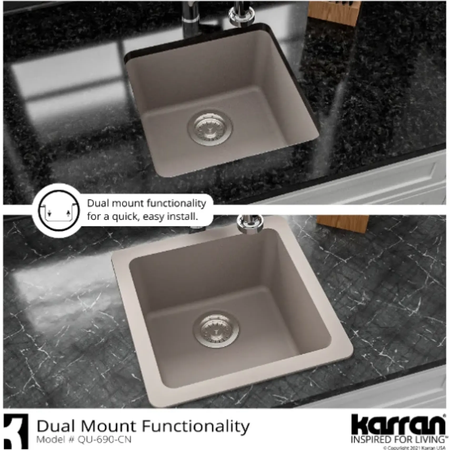 Karran 17" Undermount Quartz Composite Kitchen Sink, Concrete, QU-690-CN