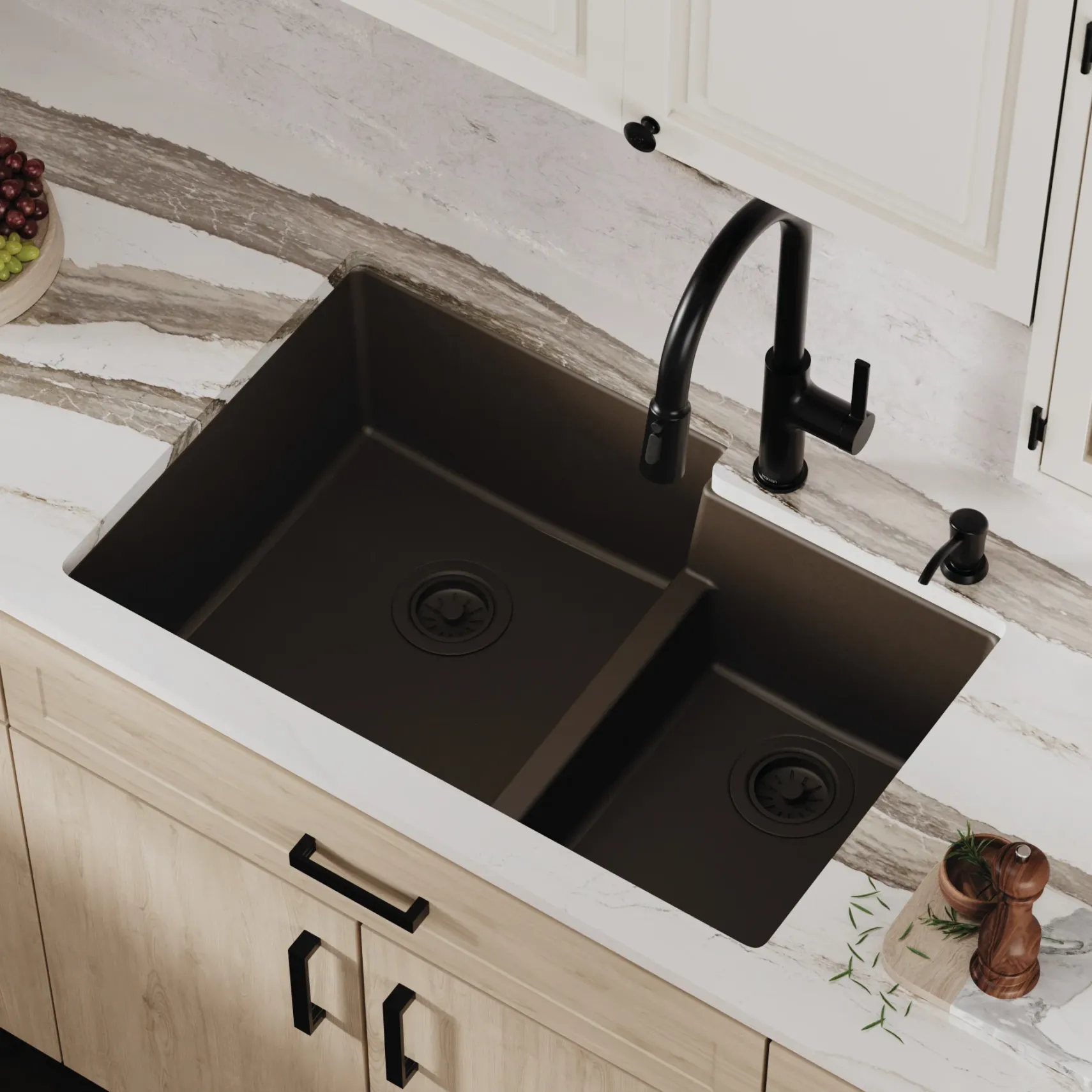 Karran 32" Undermount Quartz Composite Kitchen Sink, 60/40 Double Bowl, Brown, QU-811-BR