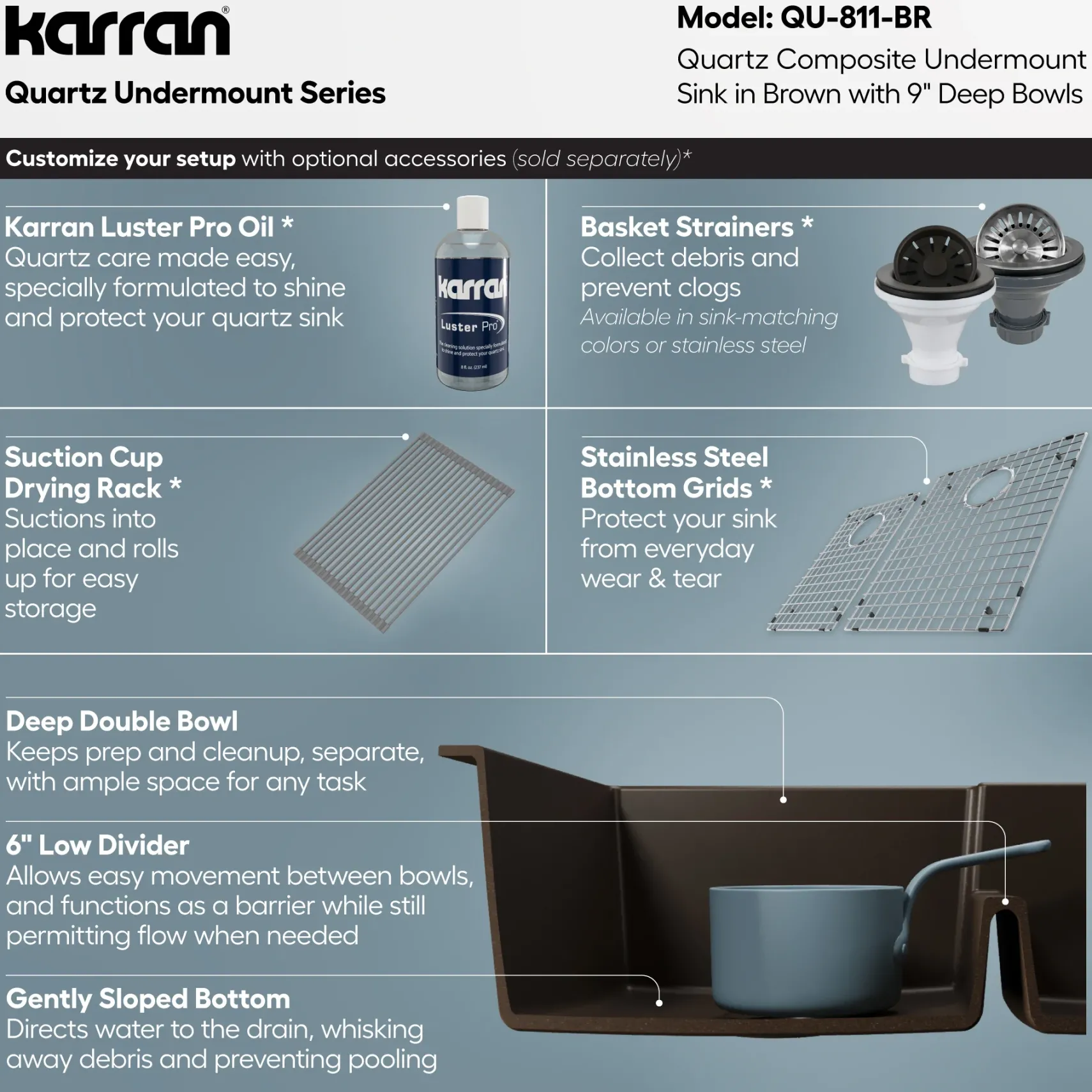 Karran 32" Undermount Quartz Composite Kitchen Sink, 60/40 Double Bowl, Brown, QU-811-BR