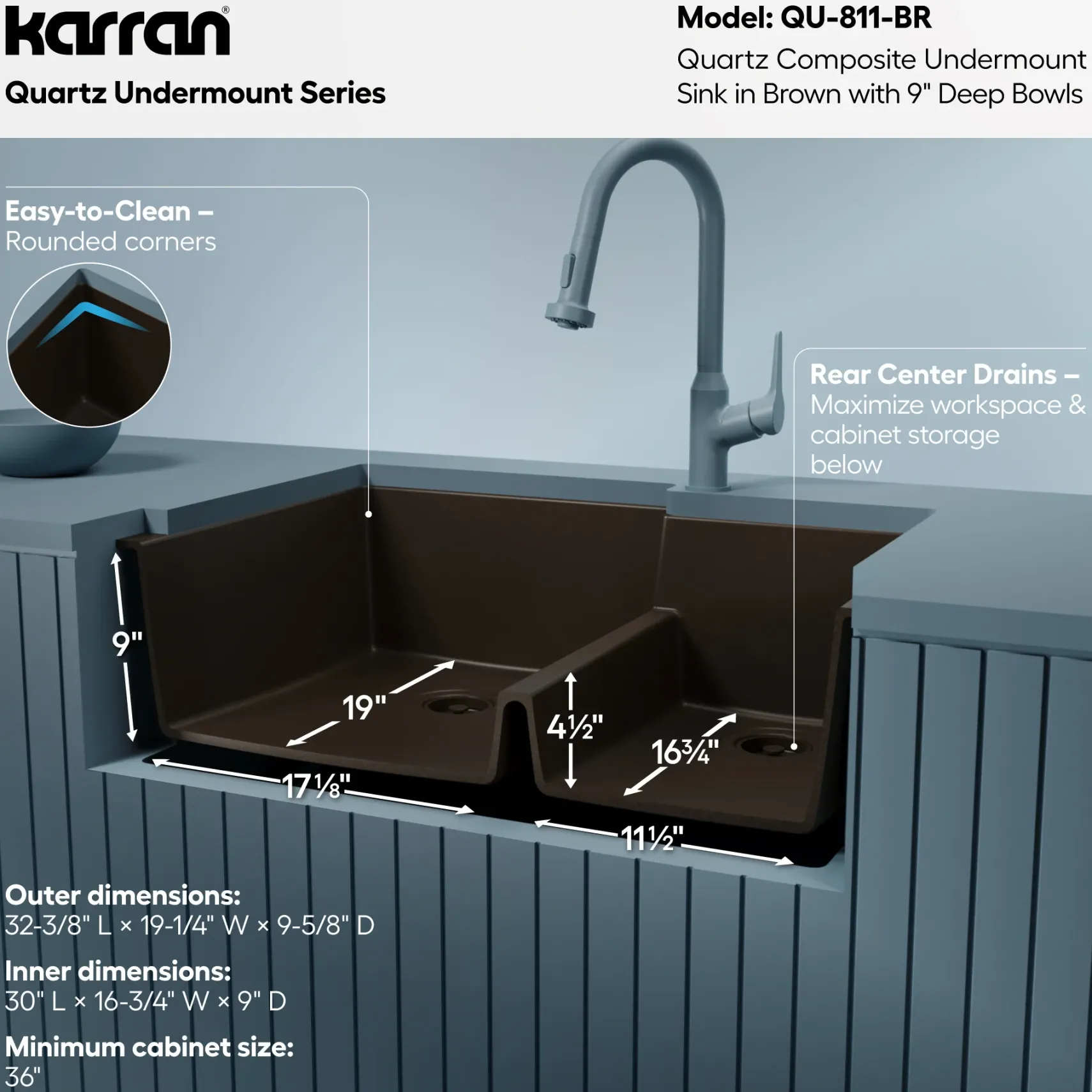 Karran 32" Undermount Quartz Composite Kitchen Sink, 60/40 Double Bowl, Brown, QU-811-BR