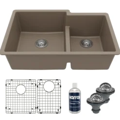 Karran 32" Undermount Quartz Composite Kitchen Sink with Accessories, 60/40 Double Bowl, Concrete, QU-811-CN-PK1