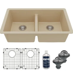 Karran 32" Undermount Quartz Composite Kitchen Sink with Accessories, 50/50 Double Bowl, Bisque, QU-810-BI-PK1