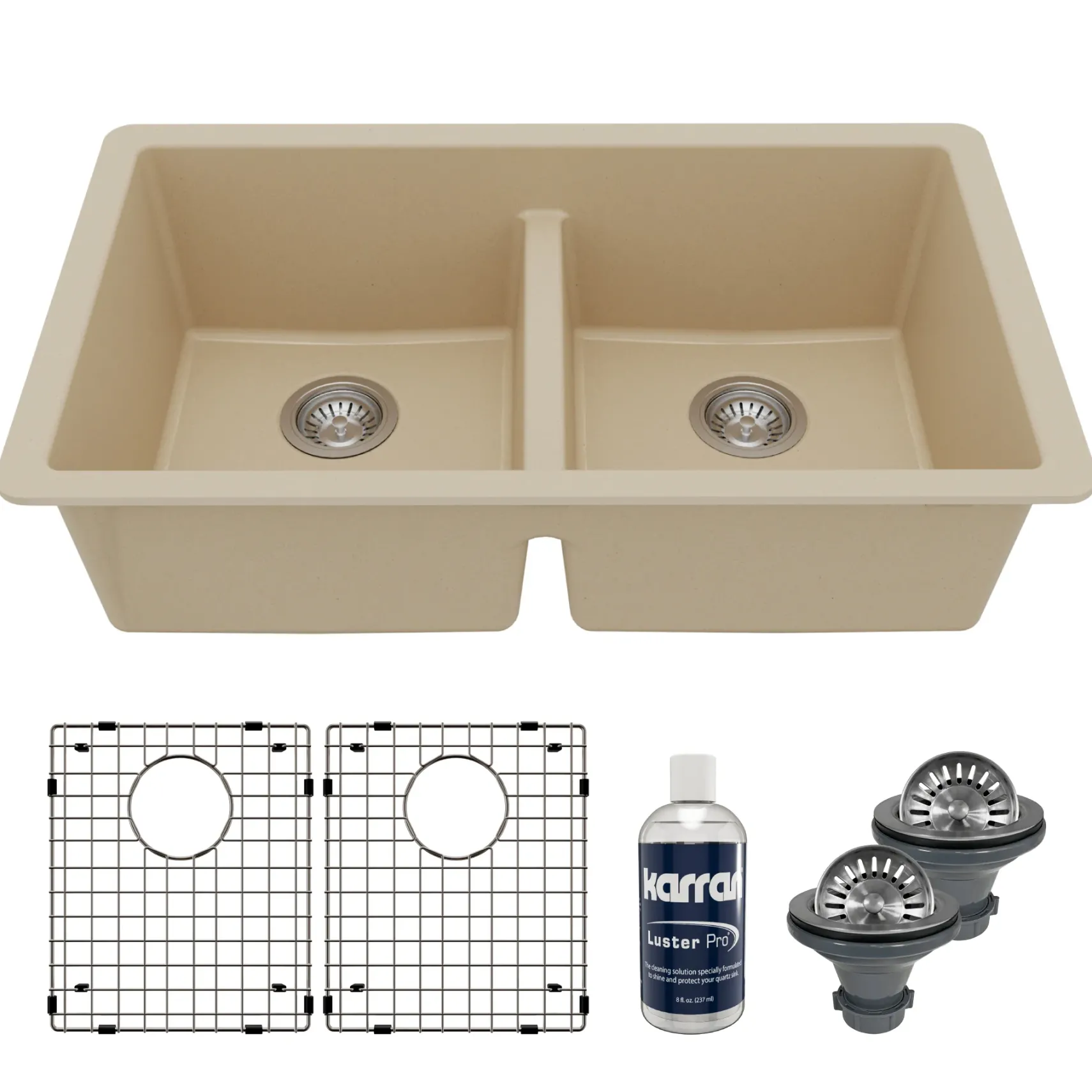 Karran 32" Undermount Quartz Composite Kitchen Sink with Accessories, 50/50 Double Bowl, Bisque, QU-810-BI-PK1