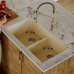 Karran 32" Undermount Quartz Composite Kitchen Sink with Accessories, 50/50 Double Bowl, Bisque, QU-810-BI-PK1