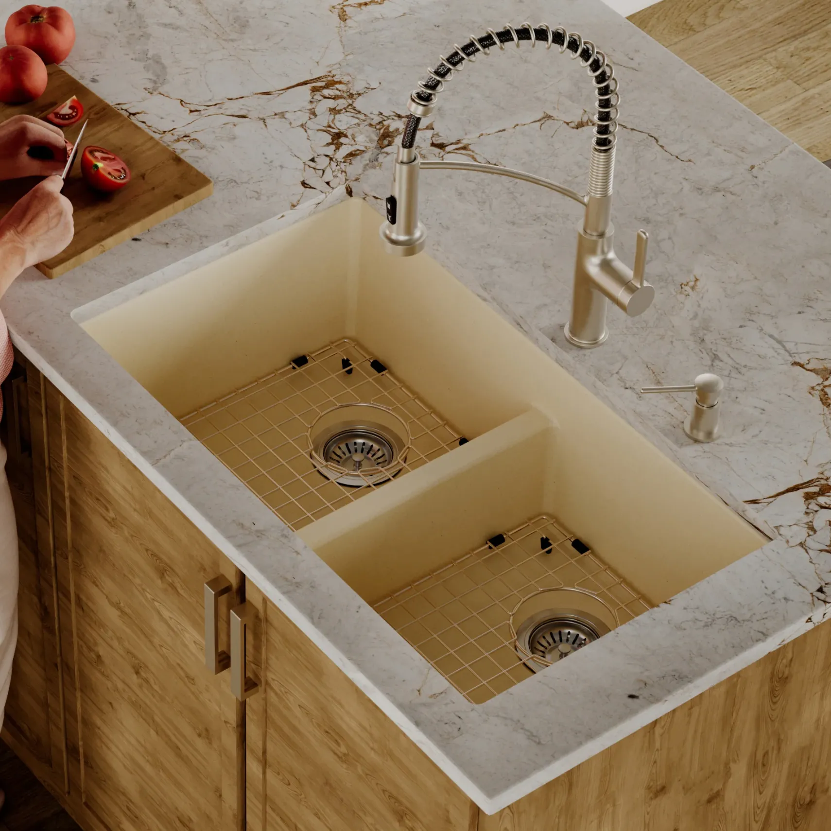 Karran 32" Undermount Quartz Composite Kitchen Sink with Accessories, 50/50 Double Bowl, Bisque, QU-810-BI-PK1
