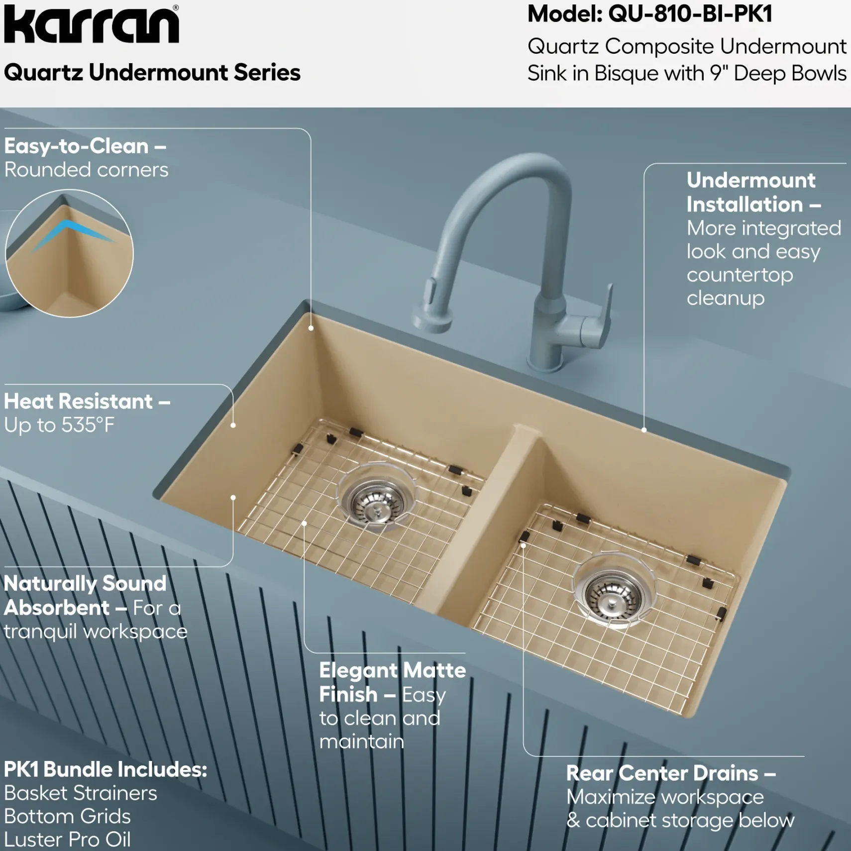 Karran 32" Undermount Quartz Composite Kitchen Sink with Accessories, 50/50 Double Bowl, Bisque, QU-810-BI-PK1
