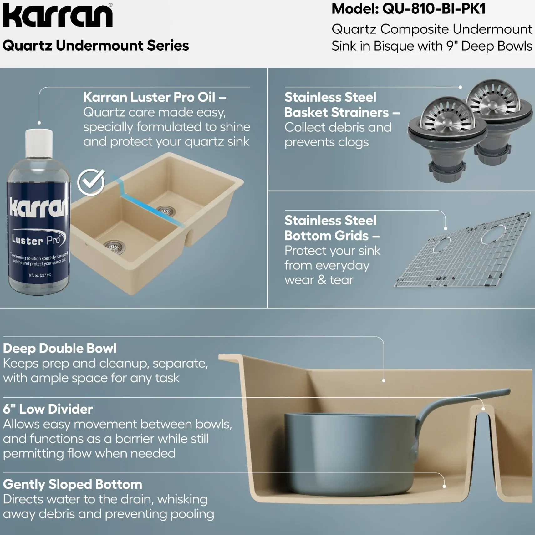 Karran 32" Undermount Quartz Composite Kitchen Sink with Accessories, 50/50 Double Bowl, Bisque, QU-810-BI-PK1