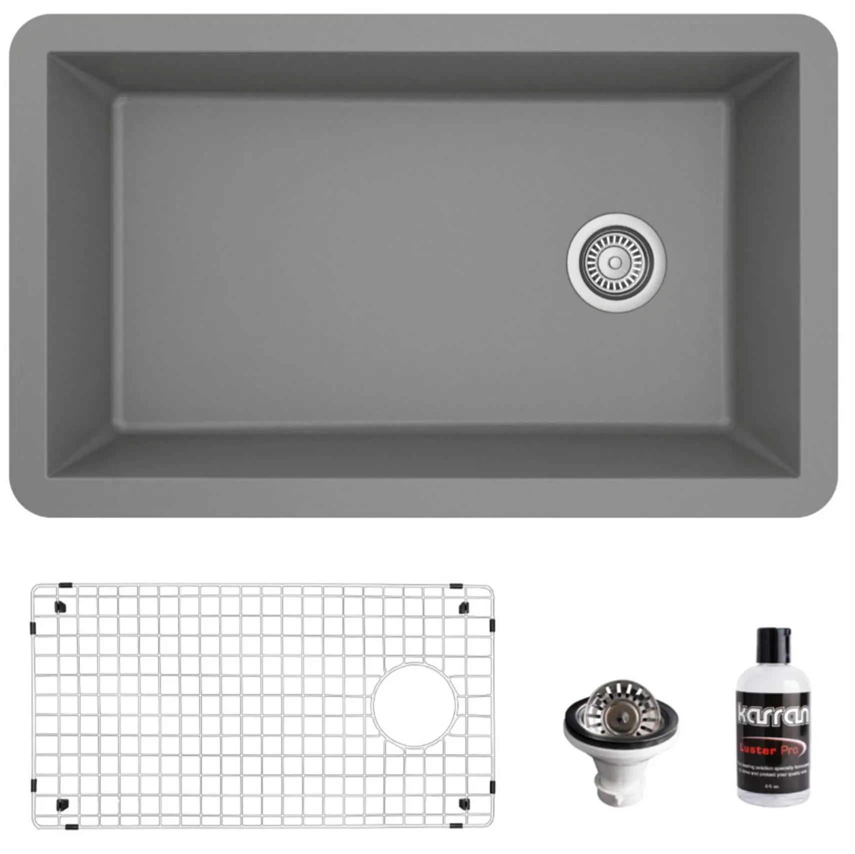 Karran 32" Undermount Quartz Composite Kitchen Sink, Grey, QU-670-GR-PK1
